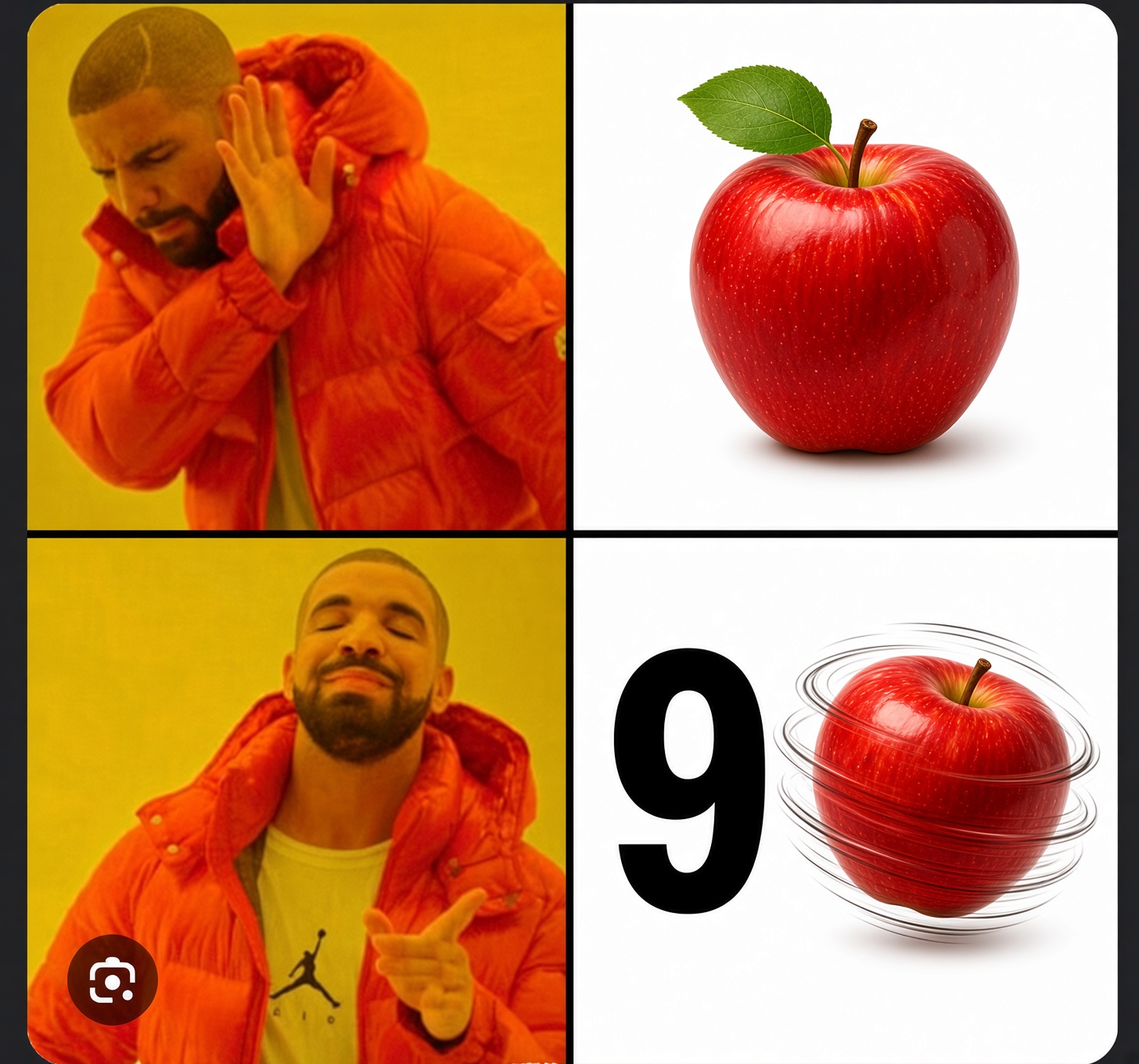 Preference meme, one apple versus nine spinning apples