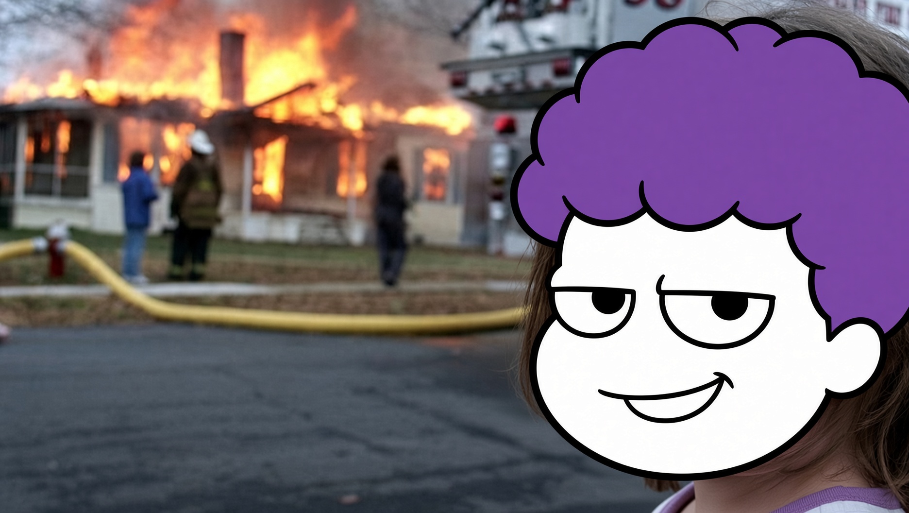Mascot smirking in front of a house fire