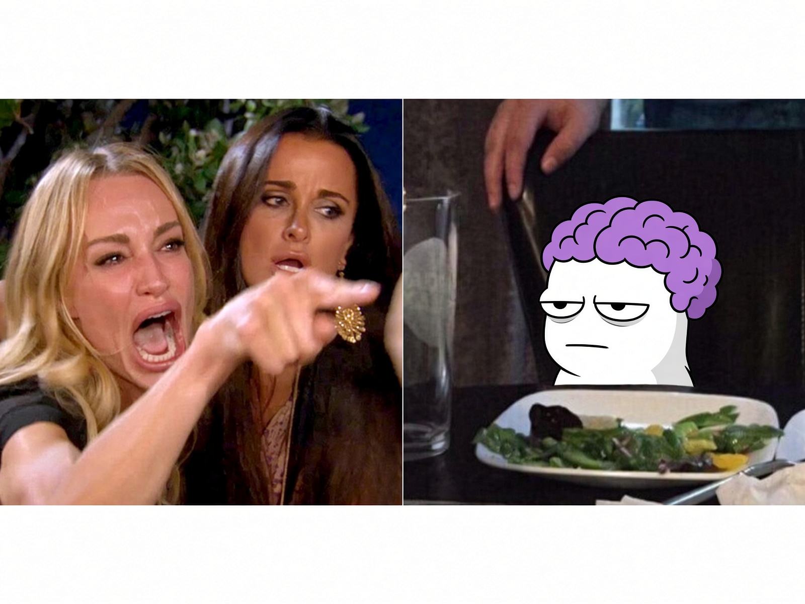 Two women yelling at the mascot over a salad